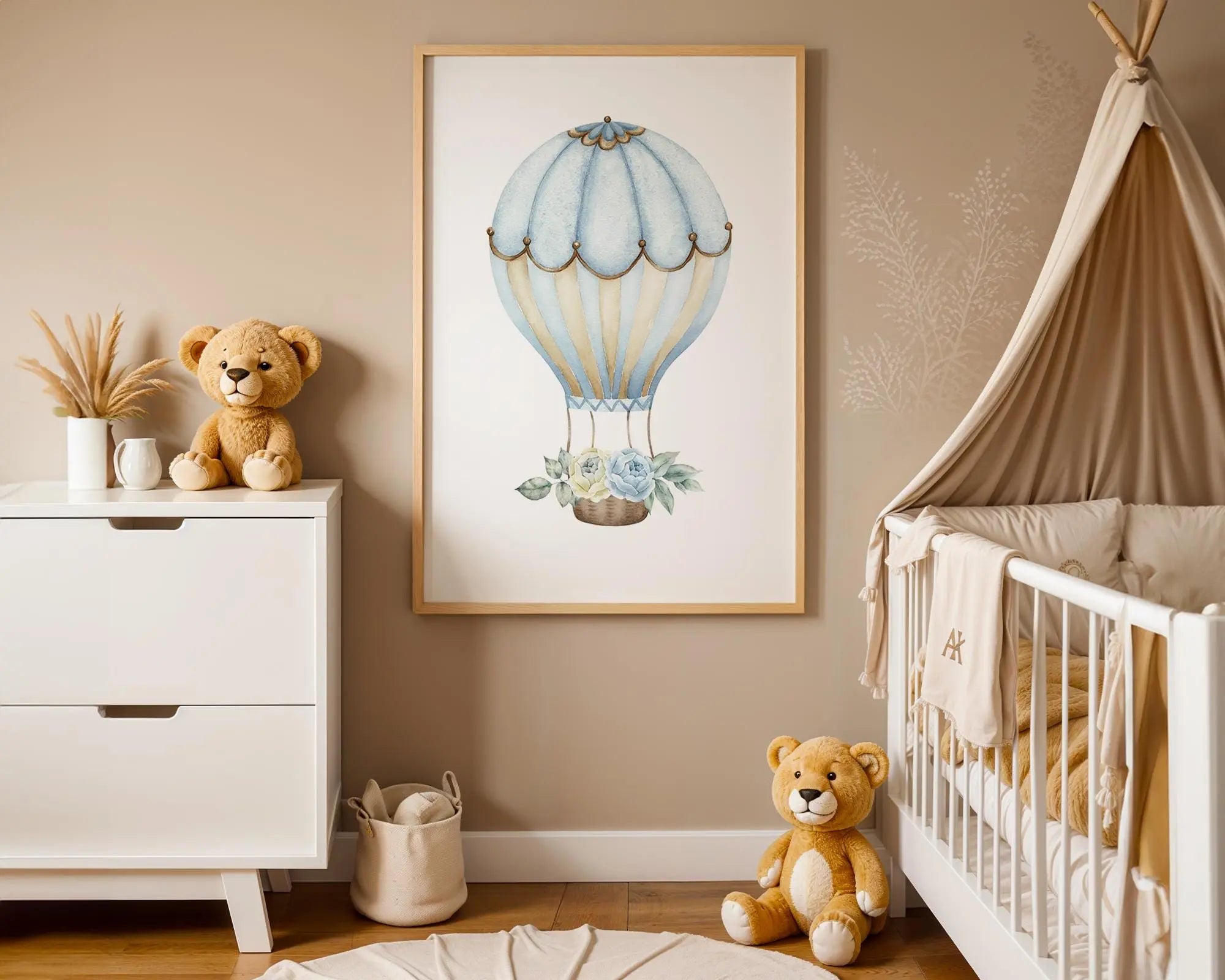 Playroom Ideas | Blue Hot Air Balloon Nursery Print | Vintage Floral Wall Art wall art print, modern home decor, unframed artwork by Nomad & Nest