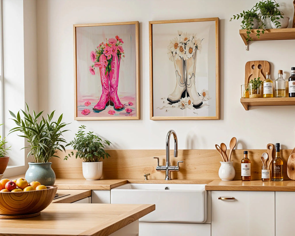 Colourful Prints | Cowgirl Boots Floral Art Prints | Western Home Decor (Set of 2) wall art print, modern home decor, unframed artwork by Nomad & Nest