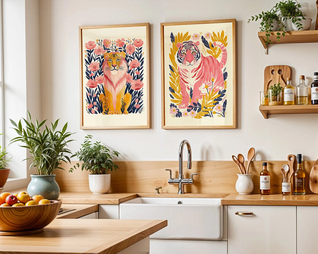 Colourful Prints | Jungle Tiger Print | Tropical Wall Art Duo (Set of 2) wall art print, modern home decor, unframed artwork by Nomad & Nest