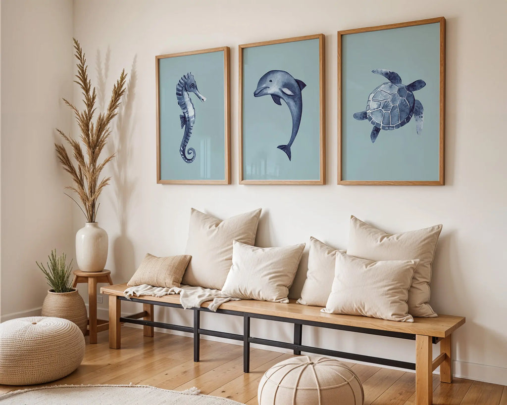 Colourful Prints | Blue Sea Life Watercolour Print Set | Ocean Nursery & Coastal Art (Set of 3) wall art print, modern home decor, unframed artwork by Nomad & Nest