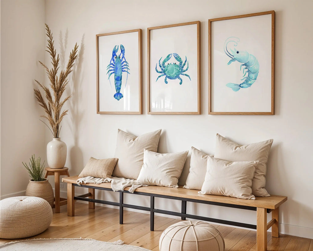 Colourful Prints | Watercolour Crab & Lobster Print Set | Coastal Kitchen Wall Art (Set of 3) wall art print, modern home decor, unframed artwork by Nomad & Nest