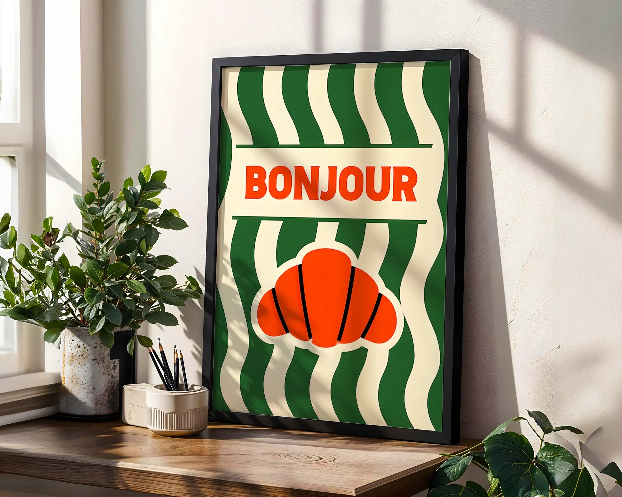 Positive Emotion | Bonjour Croissant | French Cafe Wall Art | Retro Kitchen Typography Print wall art print, modern home decor, unframed artwork by Nomad & Nest