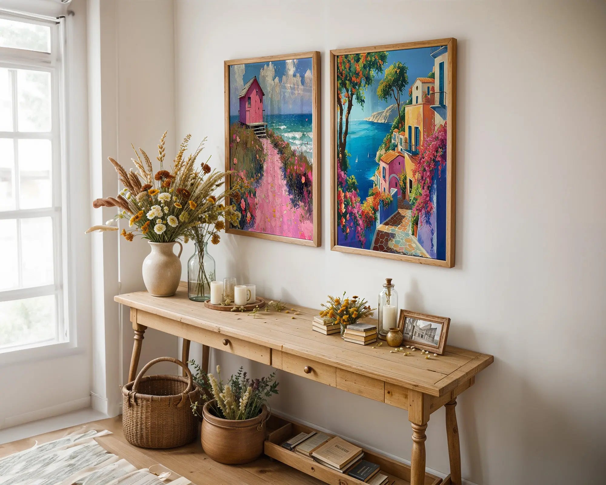 Colourful Prints | Coastal Art Print Set |Pink Beach House & Mediterranean Village (Set of 2) wall art print, modern home decor, unframed artwork by Nomad & Nest