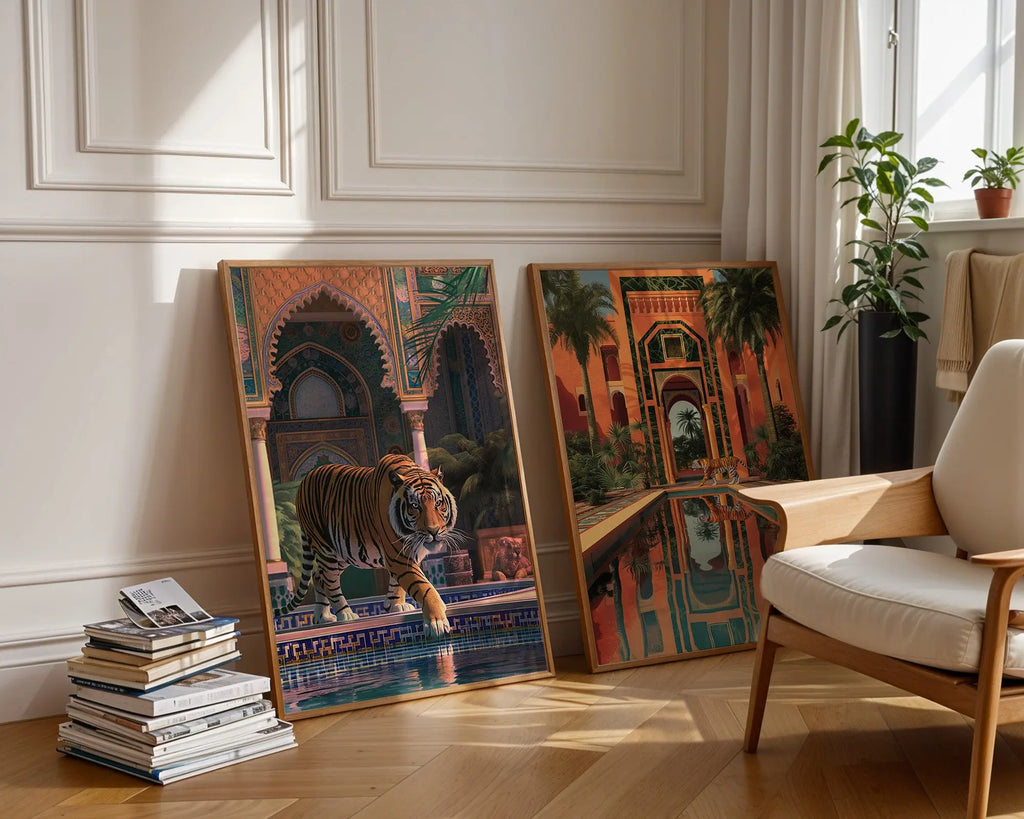 Colourful Prints | Moroccan Tiger Pool Art Prints | Exotic Jungle Wall Decor (Set of 2) wall art print, modern home decor, unframed artwork by Nomad & Nest