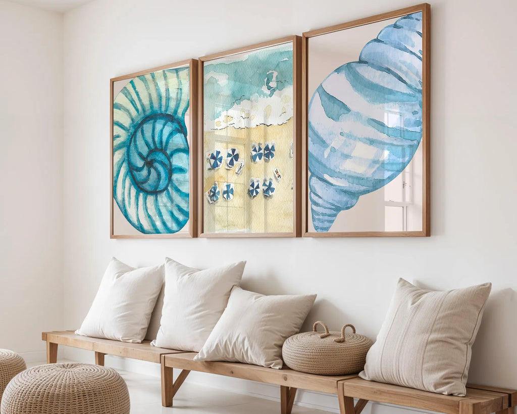 Colourful Prints | Beach Wall Art Prints | Nautical Seashell & Umbrella Watercolour (Set of 3) wall art print, modern home decor, unframed artwork by Nomad & Nest