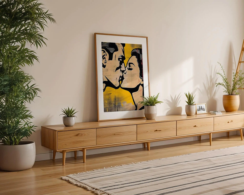 Modern Pop Art | Retro  Kiss Print | Yellow and Black Comic Book Style wall art print, modern home decor, unframed artwork by Nomad & Nest