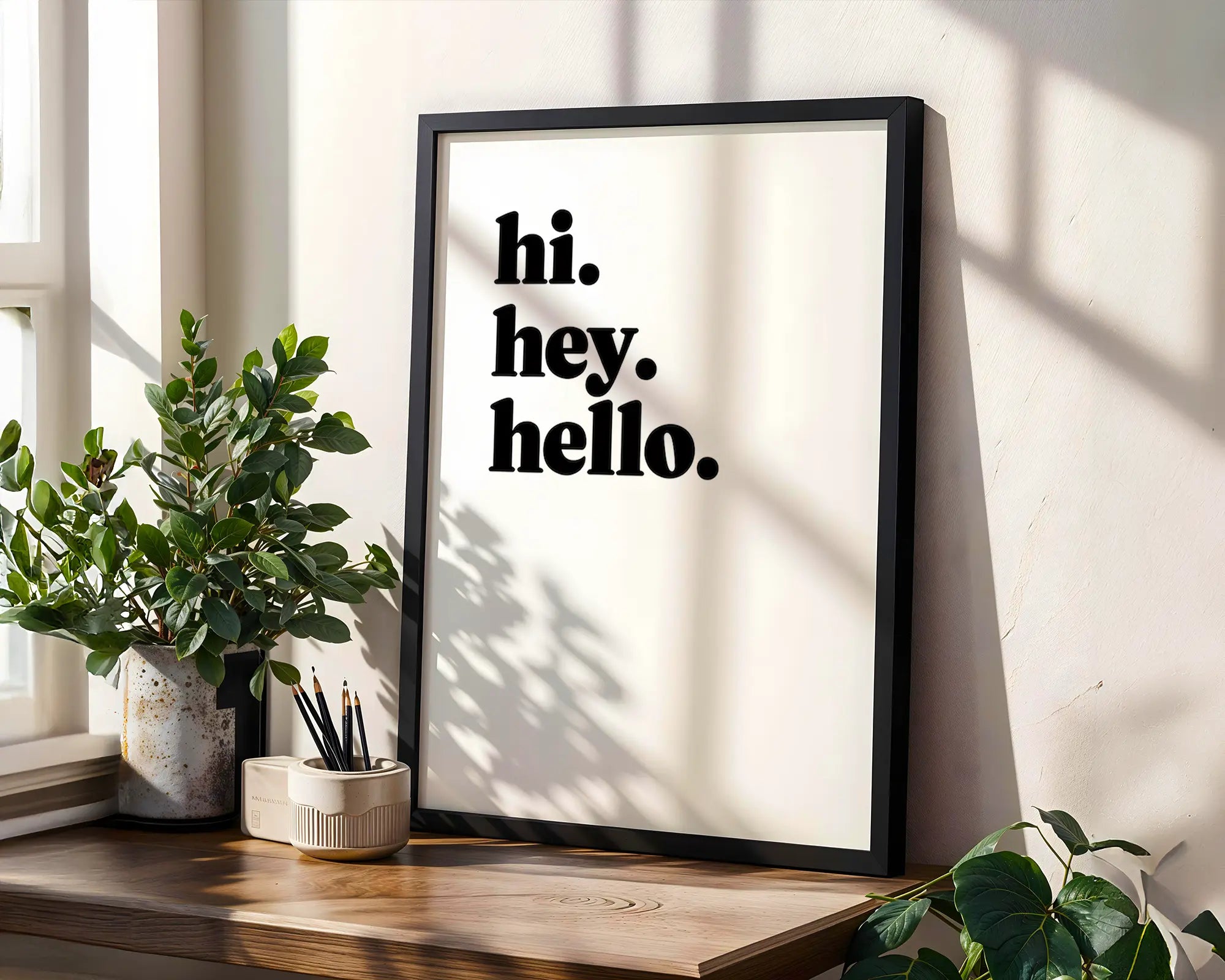 Positive Emotion | Hi Hey Hello Typography Print | Minimal Black Text Wall Art | Modern Entryway Decor wall art print, modern home decor, unframed artwork by Nomad & Nest