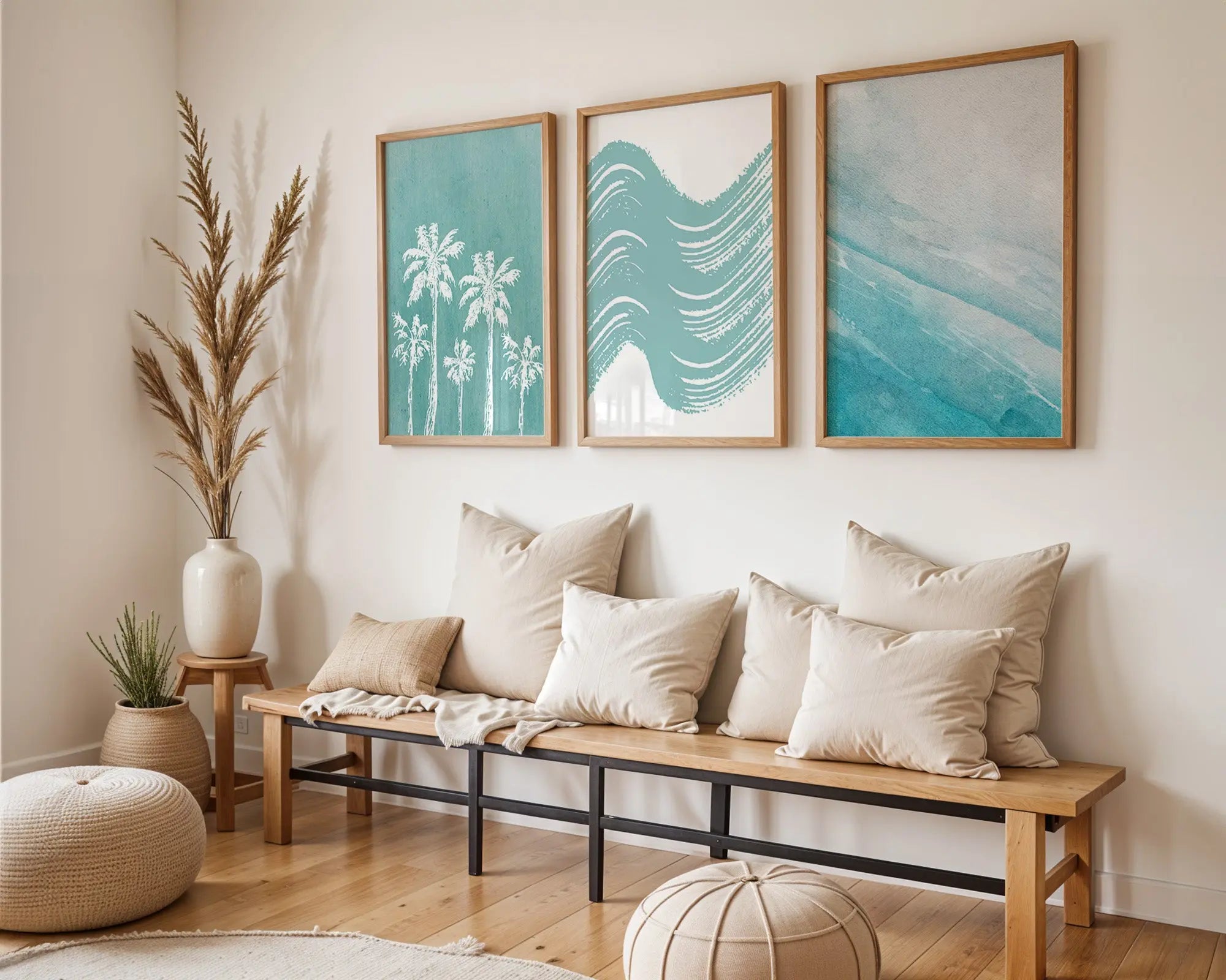 Colourful Prints | Coastal Palm Tree Print Set Ocean Waves, Boho Beach House Art (Set of 3) wall art print, modern home decor, unframed artwork by Nomad & Nest