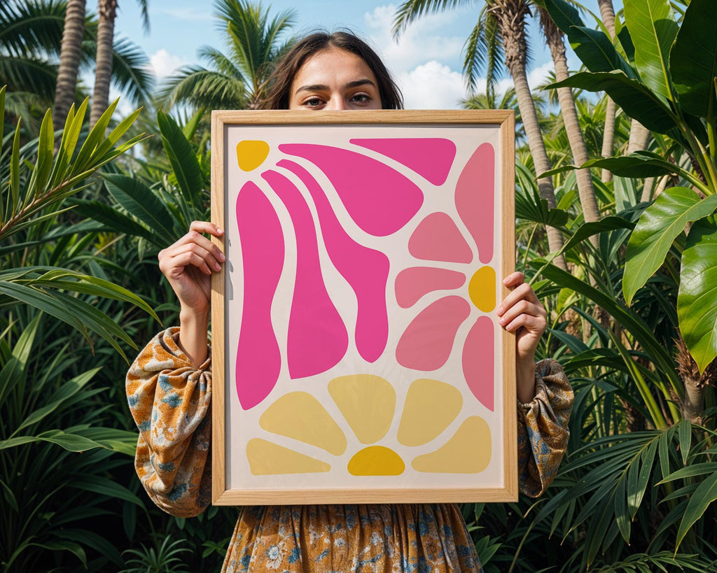 Pink and Yellow Floral Art Print | Groovy Mid Century Modern Decor wall art print, modern home decor, unframed artwork by Nomad & Nest