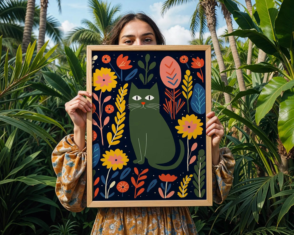 Floral Cat Art Print | Whimsical Scandinavian Nursery Decor wall art print, modern home decor, unframed artwork by Nomad & Nest