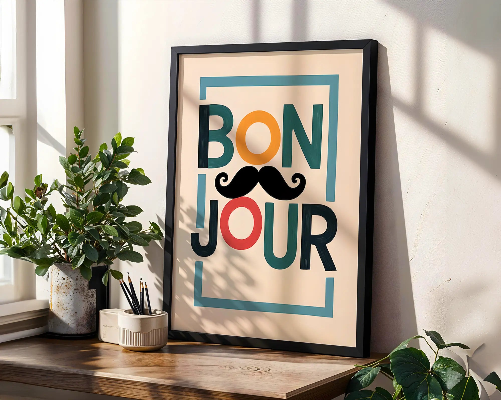 Positive Emotion | Bonjour Typography Wall Art | Playful Mustache Print | Modern French Quote Decor wall art print, modern home decor, unframed artwork by Nomad & Nest