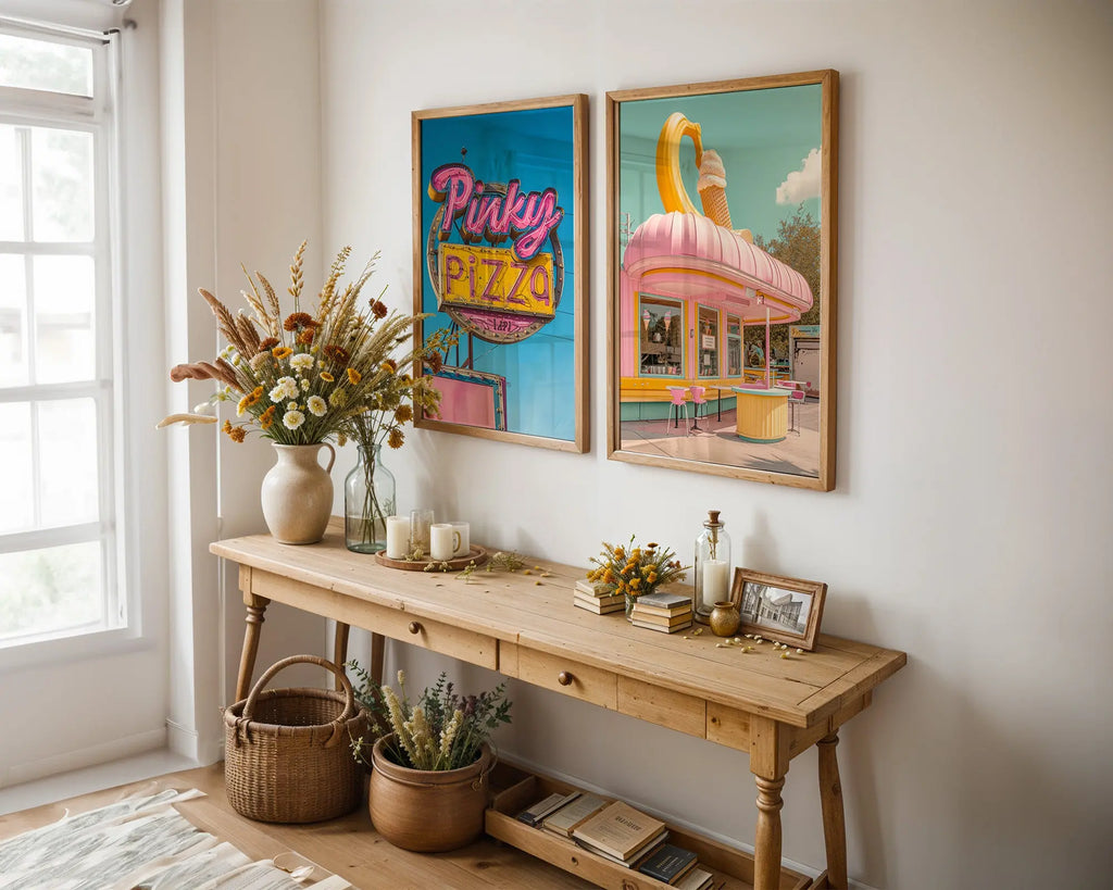 Colourful Prints | Retro Diner Prints Set | Pink Pizza, Ice Cream Parlour Wall Art (Set of 2) wall art print, modern home decor, unframed artwork by Nomad & Nest