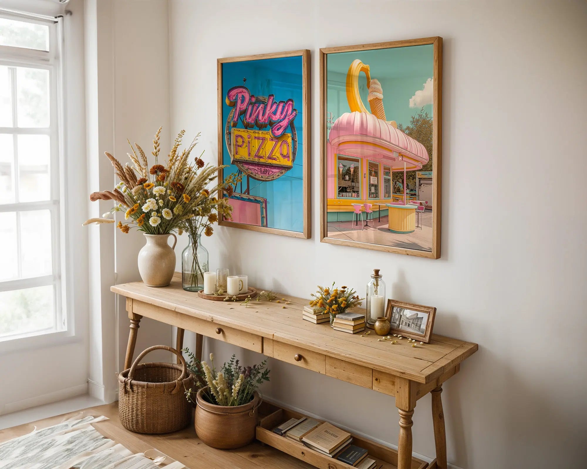 Colourful Prints | Retro Diner Prints Set | Pink Pizza, Ice Cream Parlour Wall Art (Set of 2) wall art print, modern home decor, unframed artwork by Nomad & Nest
