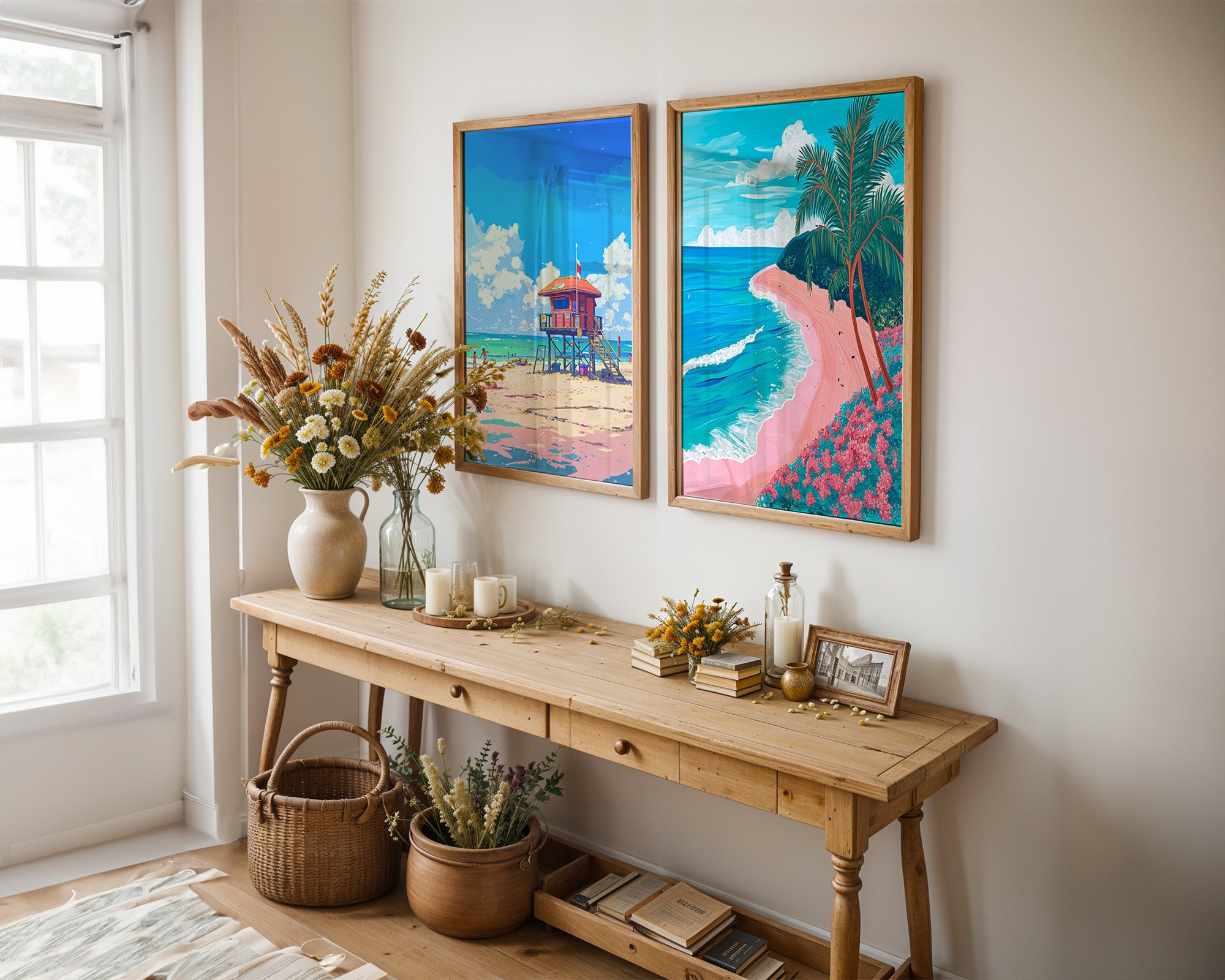 Colourful Prints | Beach Prints Set | Palm Tree & Lifeguard Tower Coastal Art (Set of 2) wall art print, modern home decor, unframed artwork by Nomad & Nest