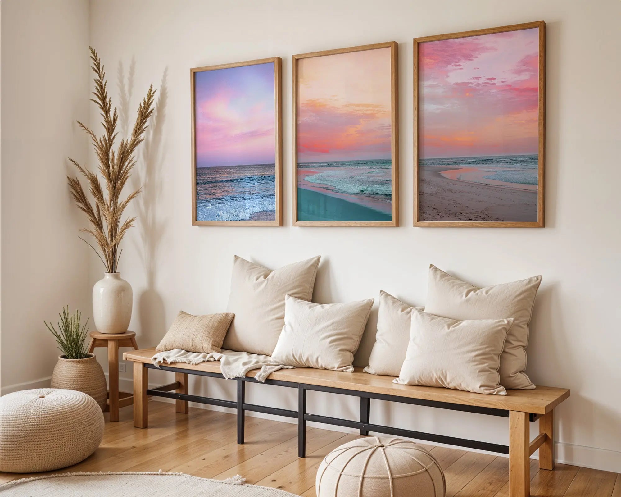 Colourful Prints | Pink Sunset Ocean Photography Print Set, Coastal Living Room Decor (Set of 3) wall art print, modern home decor, unframed artwork by Nomad & Nest