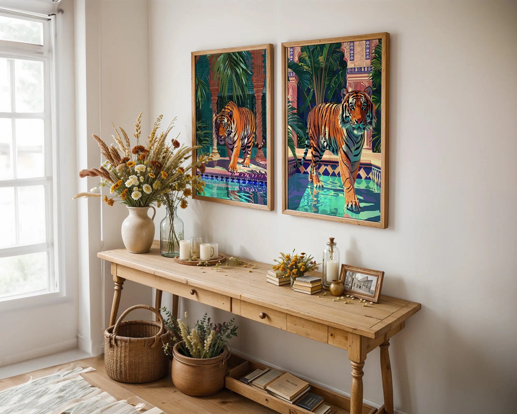 Colourful Prints | Jungle Tiger Art Prints Set | Tropical Summer Decor (Set of 2) wall art print, modern home decor, unframed artwork by Nomad & Nest