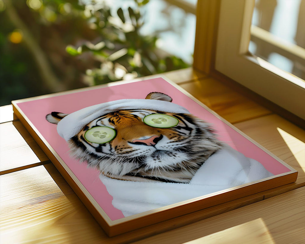 Colourful Prints | Tiger Spa Day Print | Funny Animal Wall Art wall art print, modern home decor, unframed artwork by Nomad & Nest