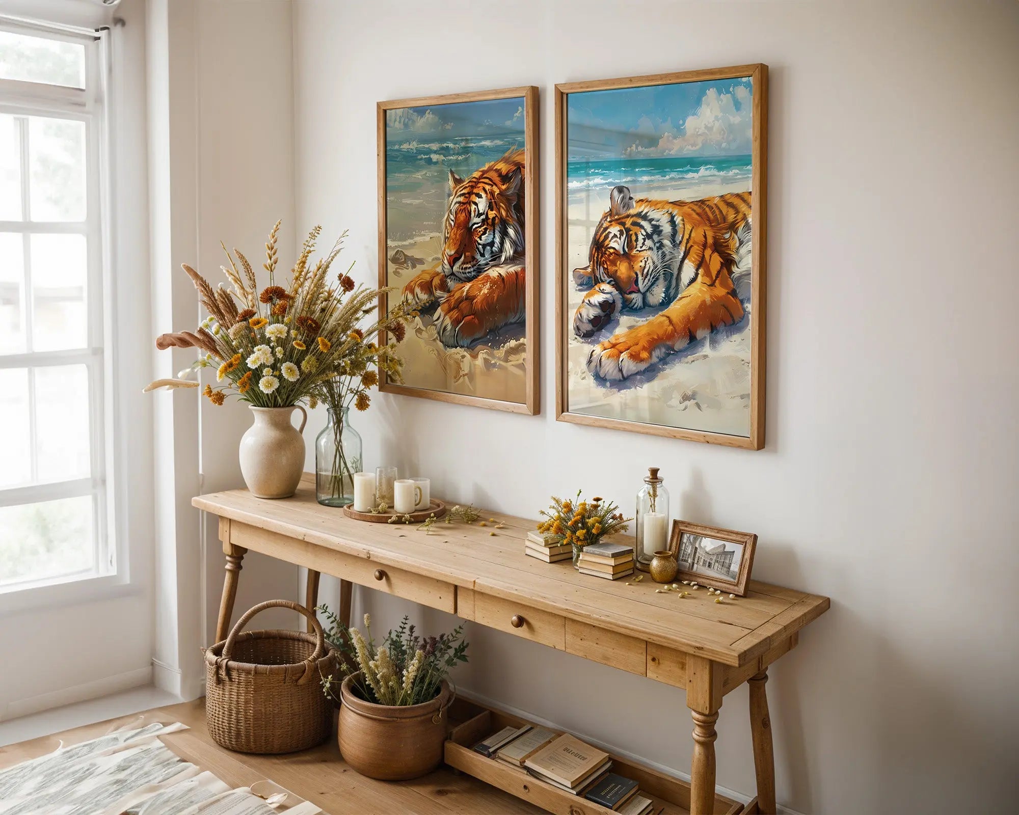 Colourful Prints | Beach Tiger Print Set | Coastal Animal Wall Art (Set of 2) wall art print, modern home decor, unframed artwork by Nomad & Nest