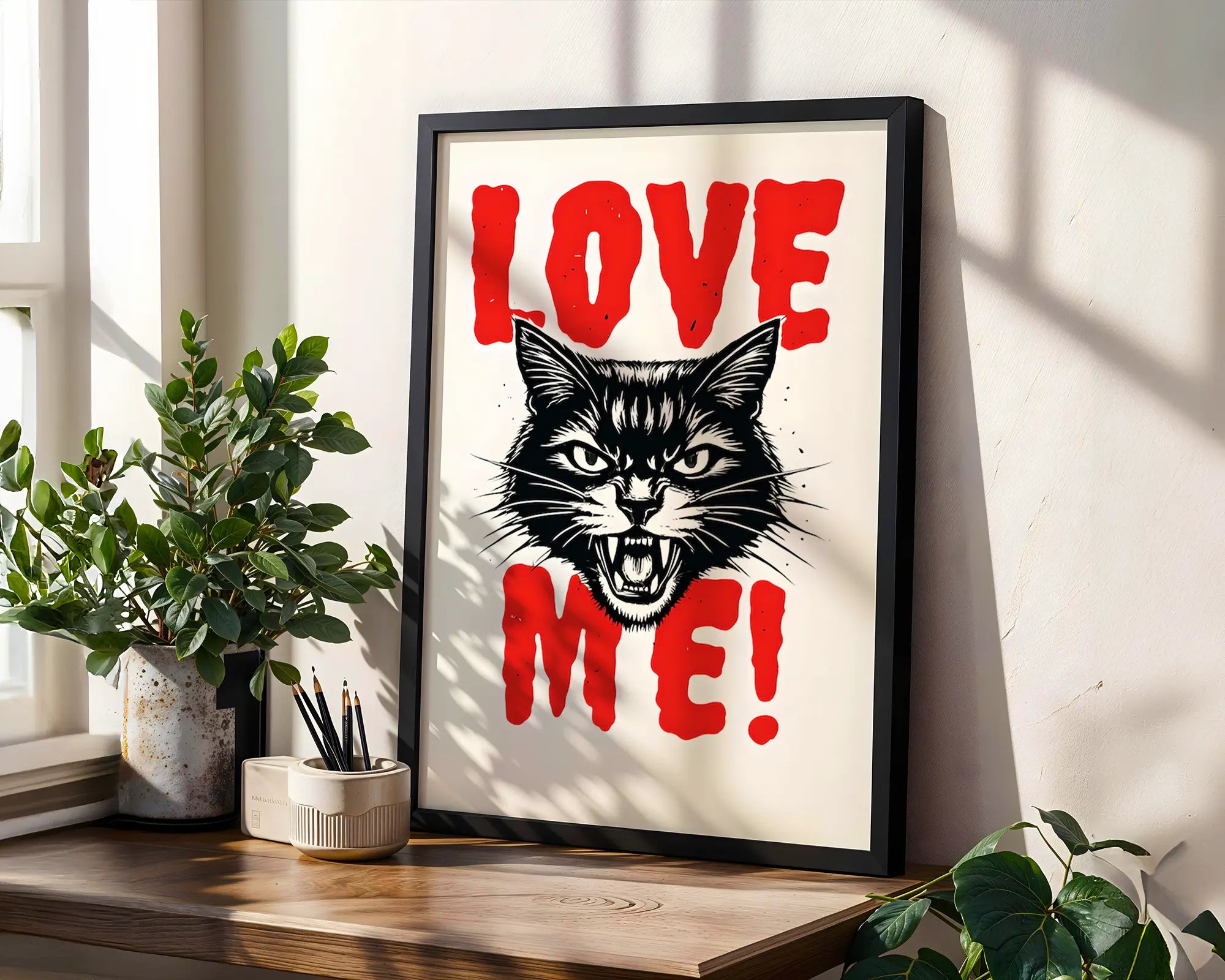 Positive Emotion | Love Me Cat Wall Art | Fierce Feline Illustration | Bold Funny Animal Poster wall art print, modern home decor, unframed artwork by Nomad & Nest