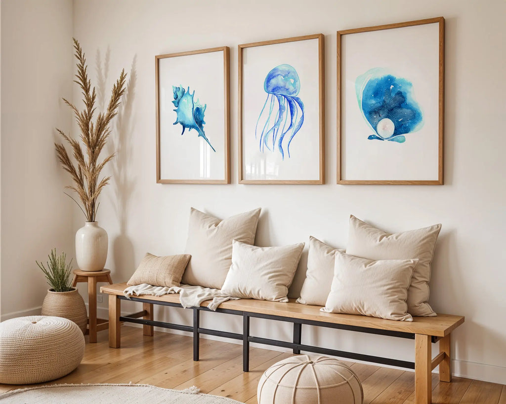 Colourful Prints | Ocean Wall Art Prints | Watercolour Seashell, Jellyfish, Pearl Set (Set of 3) wall art print, modern home decor, unframed artwork by Nomad & Nest