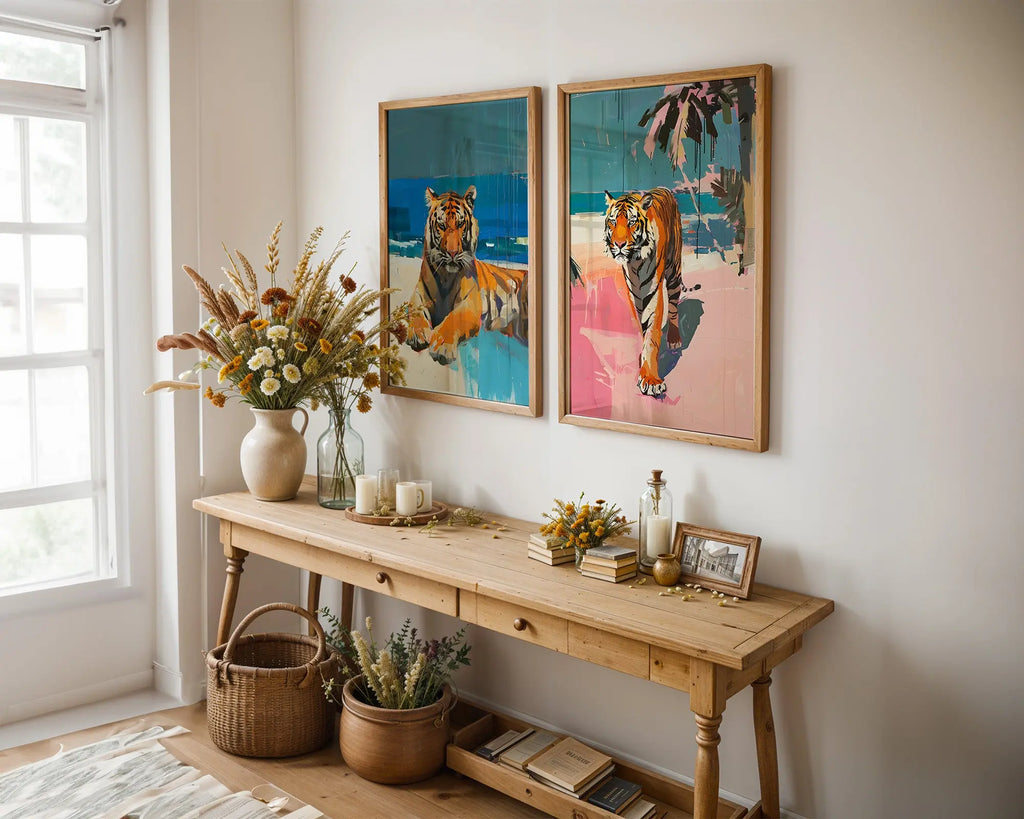 Colourful Prints | Tiger Beach Art Print Set| Modern Tropical Wall Decor (Set of 2) wall art print, modern home decor, unframed artwork by Nomad & Nest
