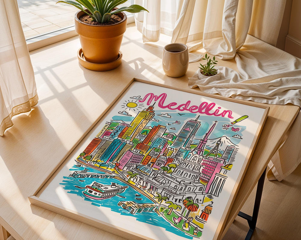 Medellín Skyline Print | Colombia Travel Poster wall art print, modern home decor, unframed artwork by Nomad & Nest