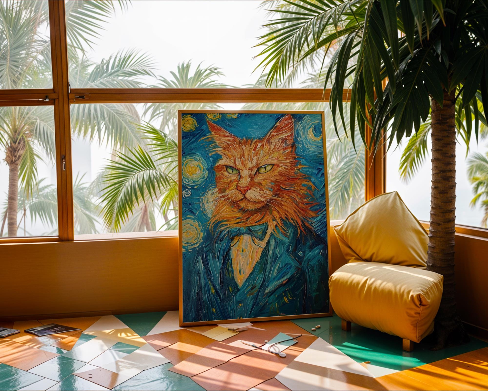 Van Gogh Starry Night Cat Art Print | Pet Portrait Gift wall art print, modern home decor, unframed artwork by Nomad & Nest