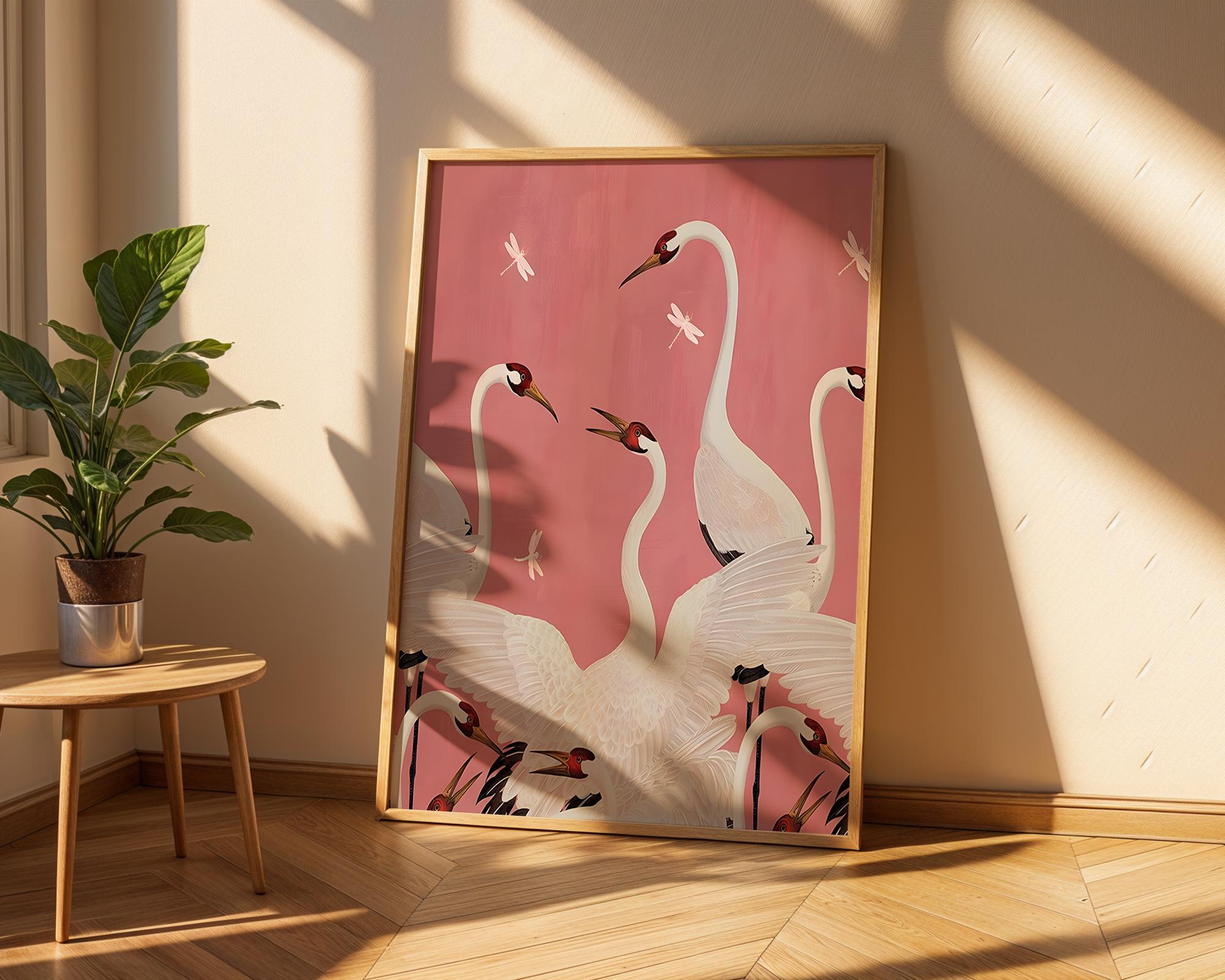 Crane and Dragonfly Art Print | Elegant Asian Decor wall art print, modern home decor, unframed artwork by Nomad & Nest