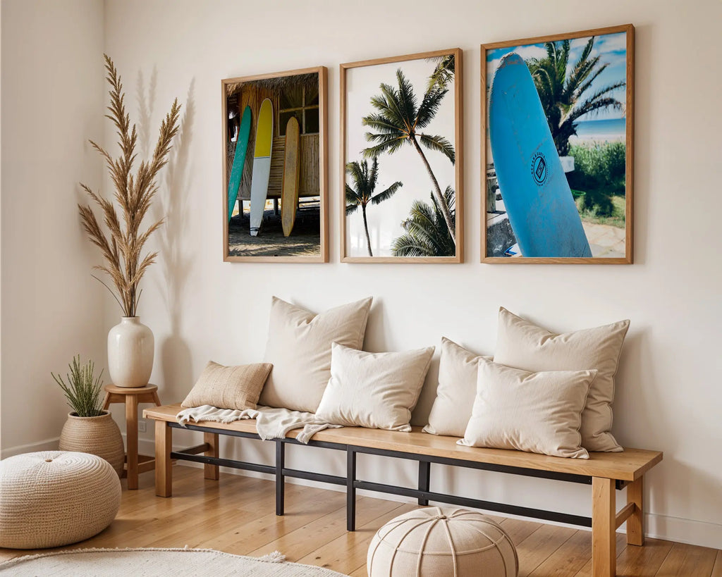 Colourful Prints | Tropical Surfboard & Palm Tree Print Set, Coastal Photography Wall Art (Set of 3) wall art print, modern home decor, unframed artwork by Nomad & Nest
