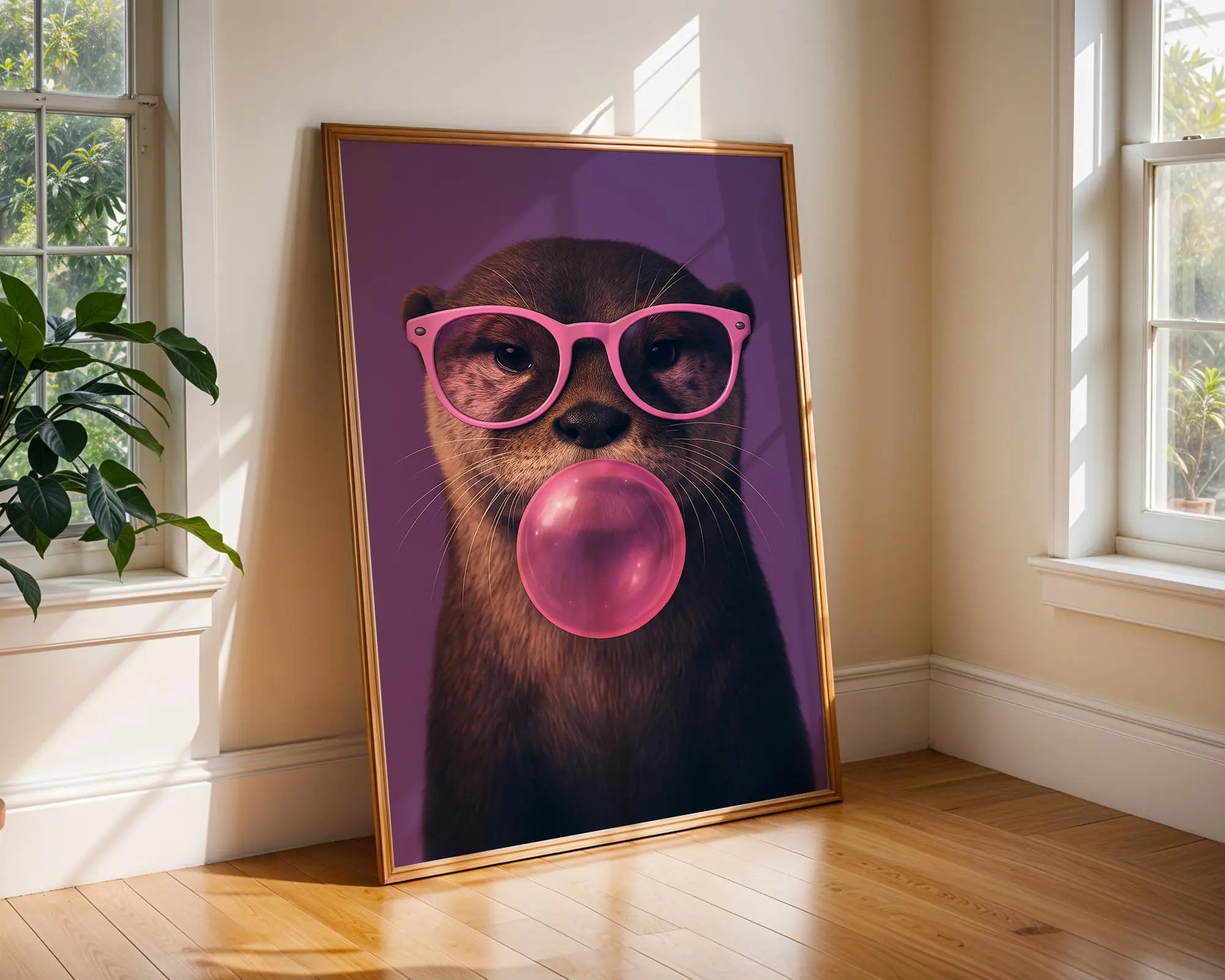 Colourful Prints | Otter Bubblegum Art Print | Funky Animal with Pink Glasses wall art print, modern home decor, unframed artwork by Nomad & Nest