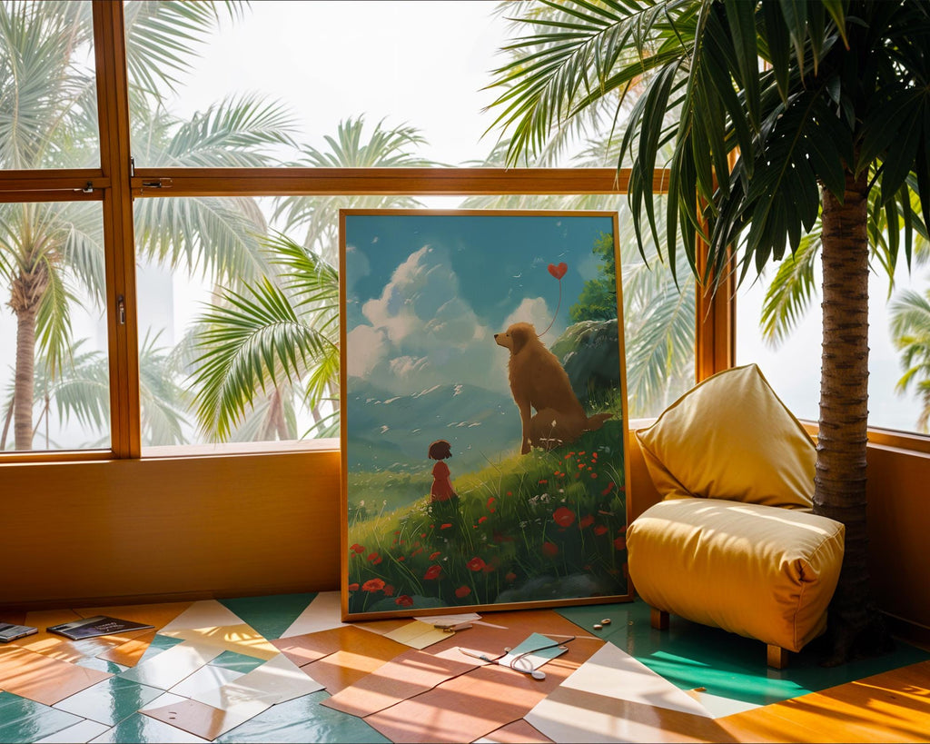 Girl and Dog Meadow Art Print | Whimsical Animal Illustration wall art print, modern home decor, unframed artwork by Nomad & Nest