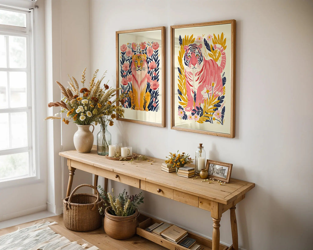 Colourful Prints | Jungle Tiger Print | Tropical Wall Art Duo (Set of 2) wall art print, modern home decor, unframed artwork by Nomad & Nest