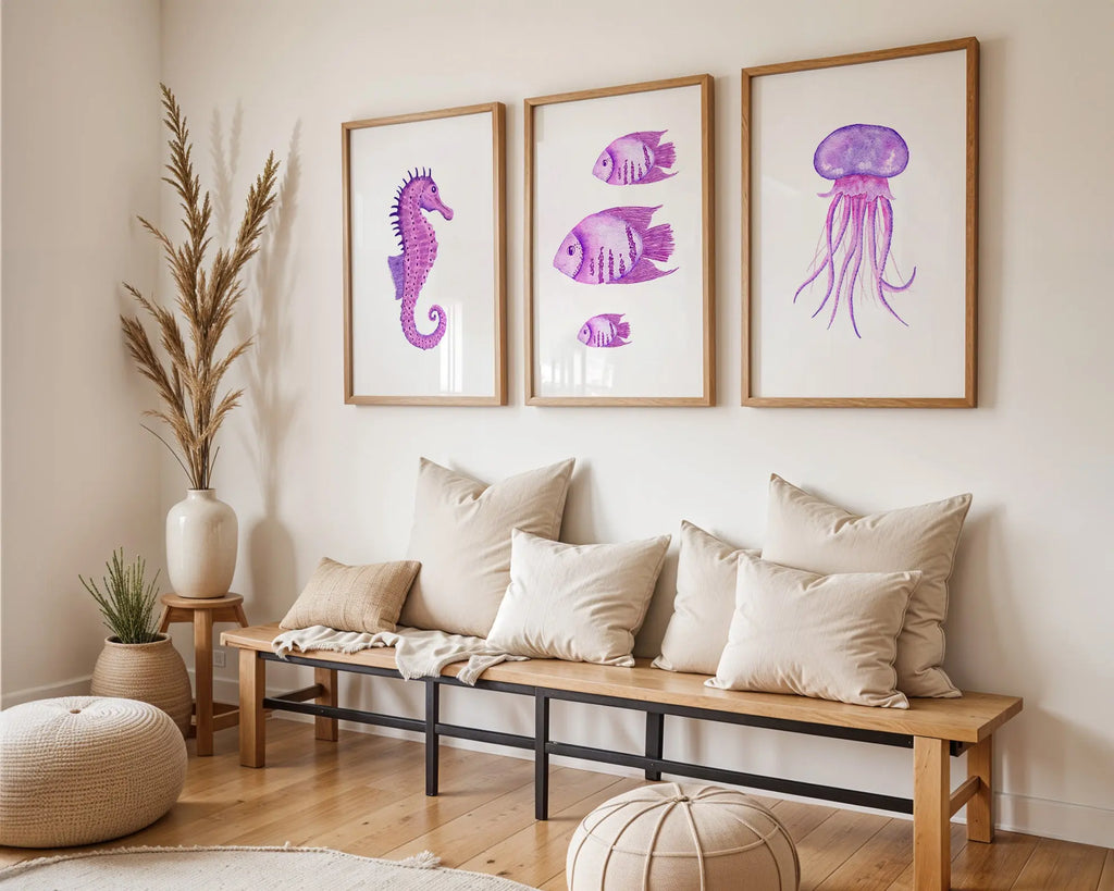 Colourful Prints | Purple Ocean Watercolour Print Set |Seahorse, Jellyfish & Fish Wall Art (Set of 3) wall art print, modern home decor, unframed artwork by Nomad & Nest