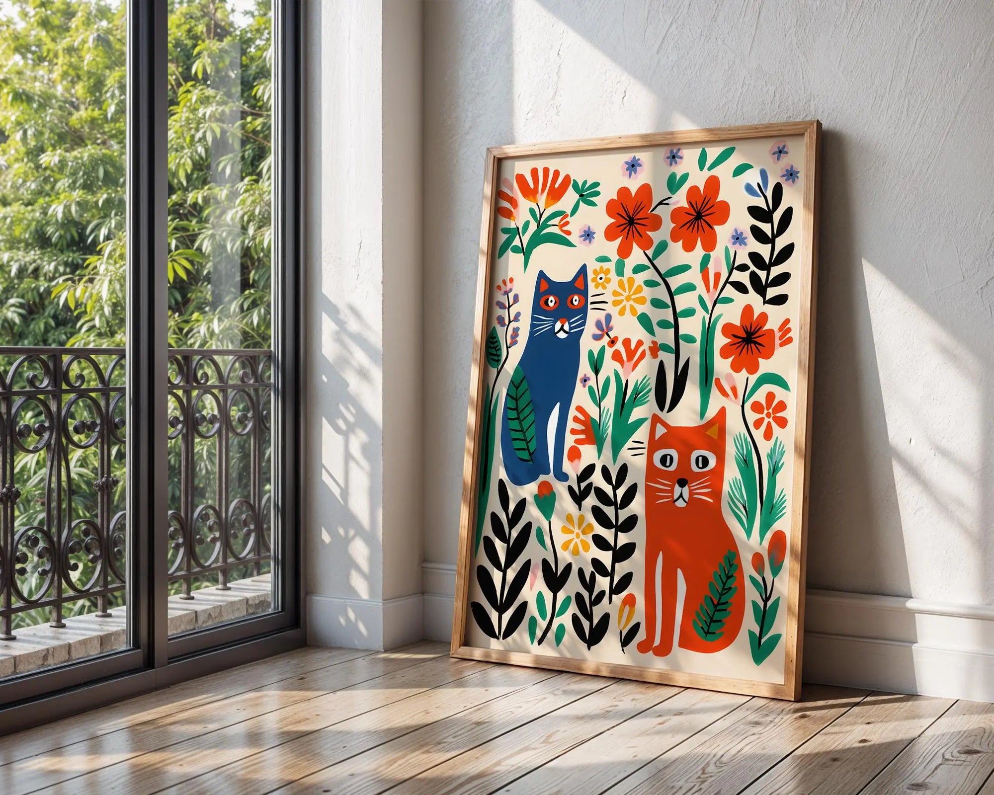 Colorful Cats in Garden Art Print | Scandinavian Folk Illustration wall art print, modern home decor, unframed artwork by Nomad & Nest