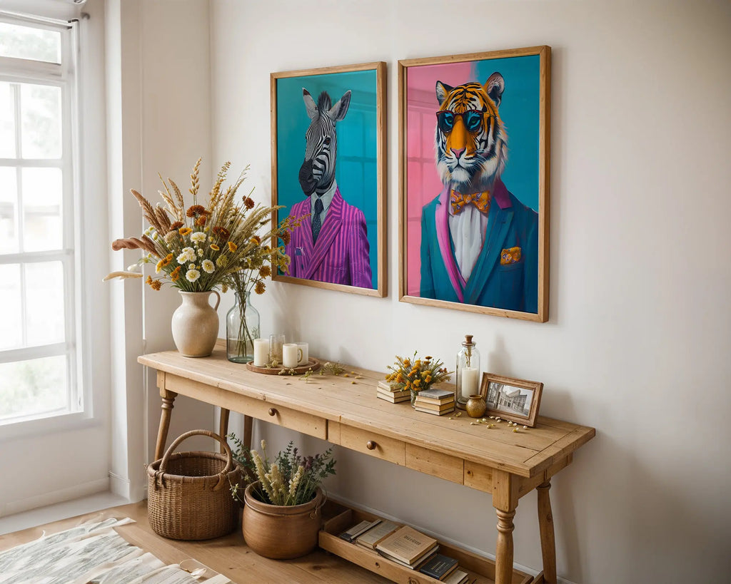 Colourful Prints | Zebra and Tiger Dressed in Suits | Animal Portrait (Set of 2) wall art print, modern home decor, unframed artwork by Nomad & Nest
