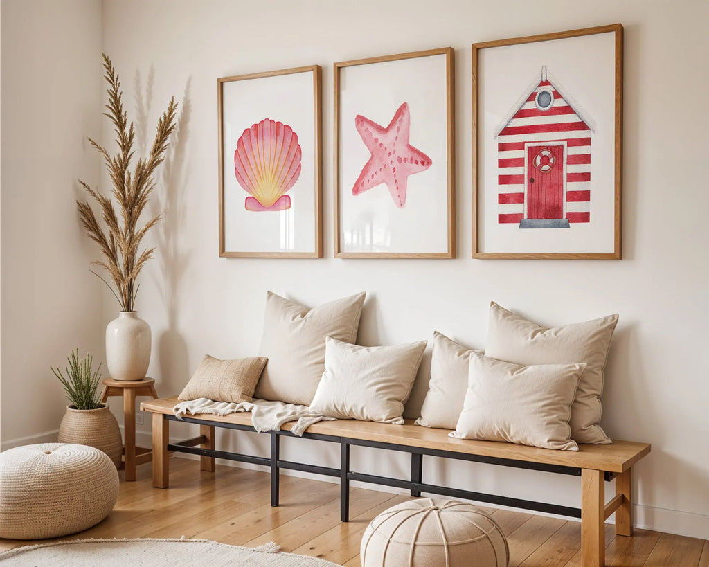 Colourful Prints | Coastal Wall Art Set | Pink Shell, Starfish, Beach Hut Prints (Set of 3) wall art print, modern home decor, unframed artwork by Nomad & Nest
