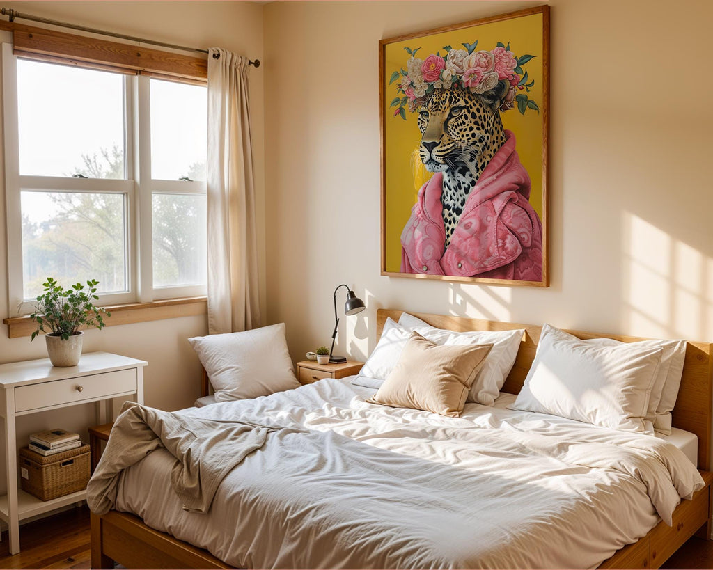 Colourful Prints | Floral Leopard Art Print | Pink Coat, Jungle Queen Portrait wall art print, modern home decor, unframed artwork by Nomad & Nest