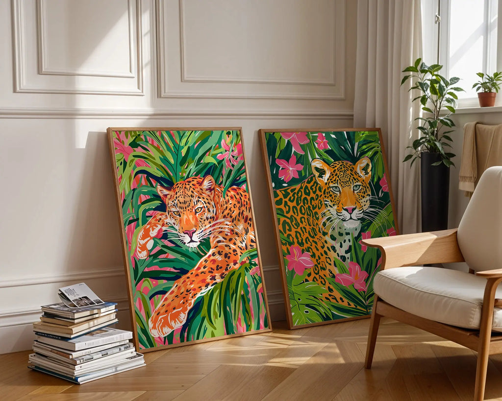 Colourful Prints | Leopard Print Set | Bright Jungle Safari Art (Set of 2) wall art print, modern home decor, unframed artwork by Nomad & Nest
