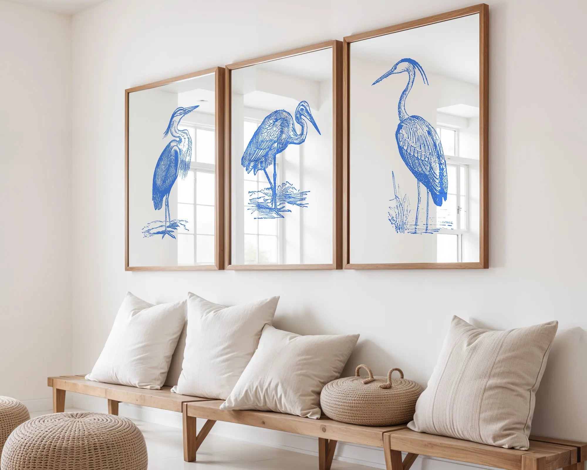 Colourful Prints | Blue Heron Line Art Prints |Coastal Nautical Wall Decor (Set of 3) wall art print, modern home decor, unframed artwork by Nomad & Nest