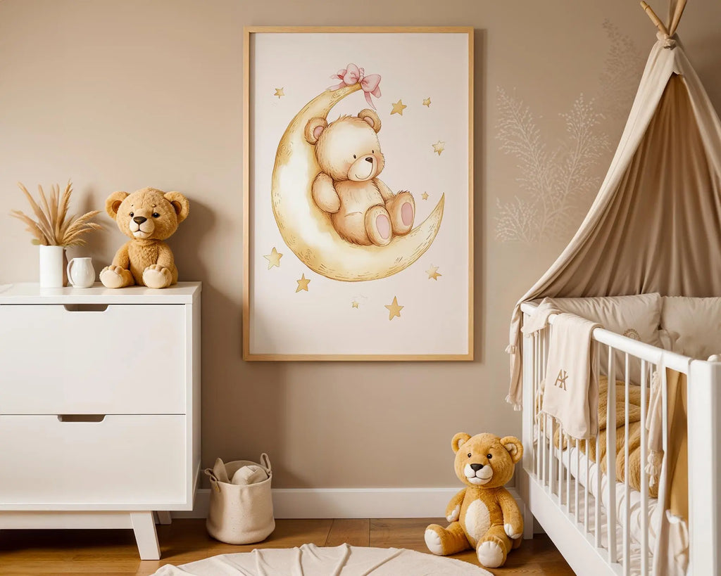 Playroom Ideas | Bear Moon Nursery Wall Art | Dreamy Night Sky Print wall art print, modern home decor, unframed artwork by Nomad & Nest