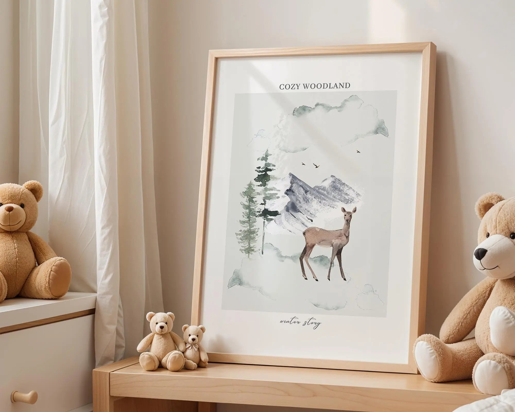 Playroom Ideas | Cozy Woodland Deer Nursery Wall Art | Winter Forest Animal Print wall art print, modern home decor, unframed artwork by Nomad & Nest