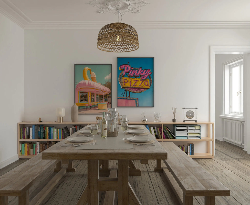 Colourful Prints | Retro Diner Prints Set | Pink Pizza, Ice Cream Parlour Wall Art (Set of 2) wall art print, modern home decor, unframed artwork by Nomad & Nest