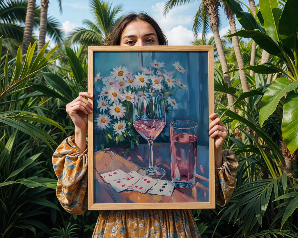 Colourful Prints | Daisy Still Life Print | Rosé, Wine, and Cards Wall Art wall art print, modern home decor, unframed artwork by Nomad & Nest