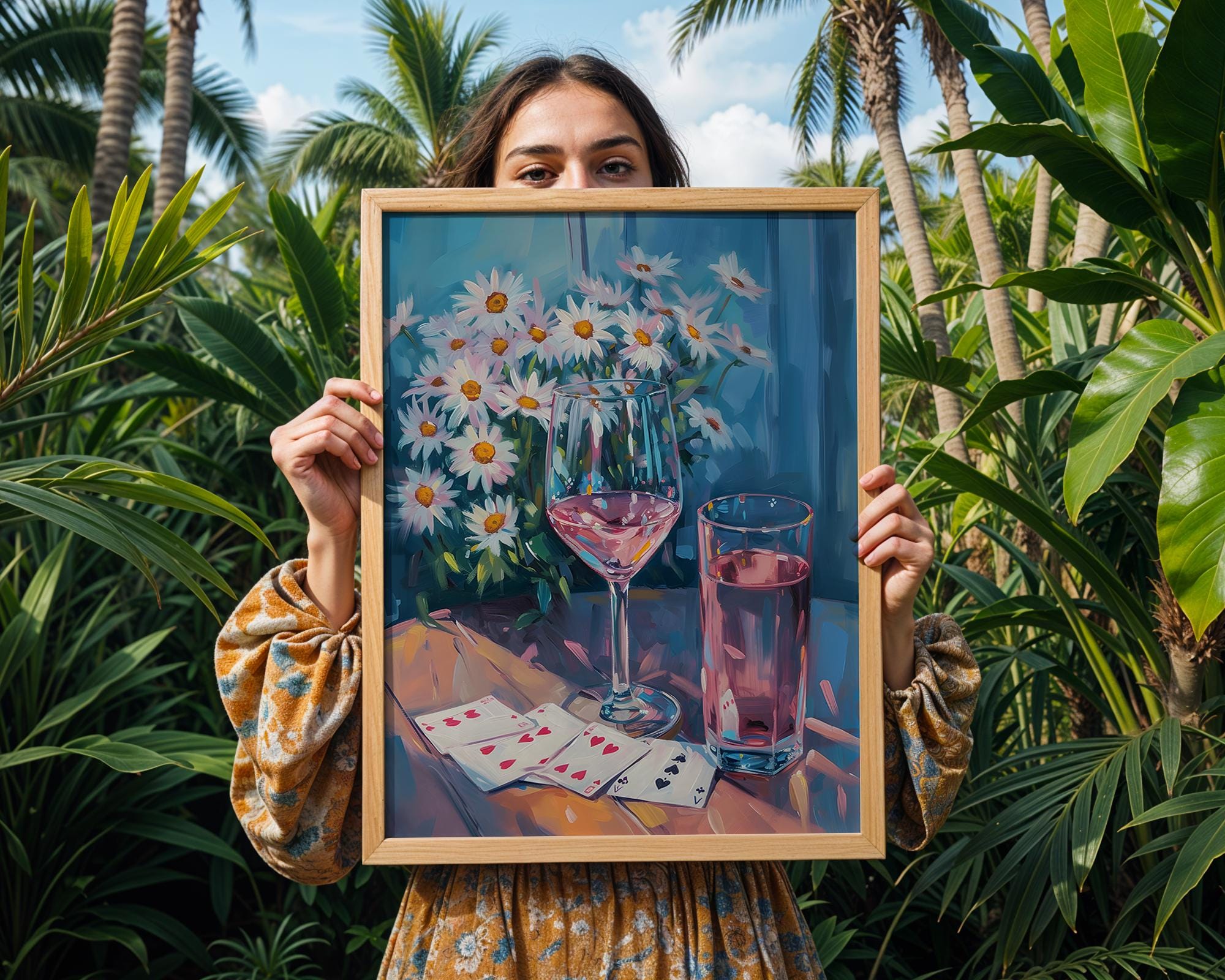 Colourful Prints | Daisy Still Life Print | Rosé, Wine, and Cards Wall Art wall art print, modern home decor, unframed artwork by Nomad & Nest