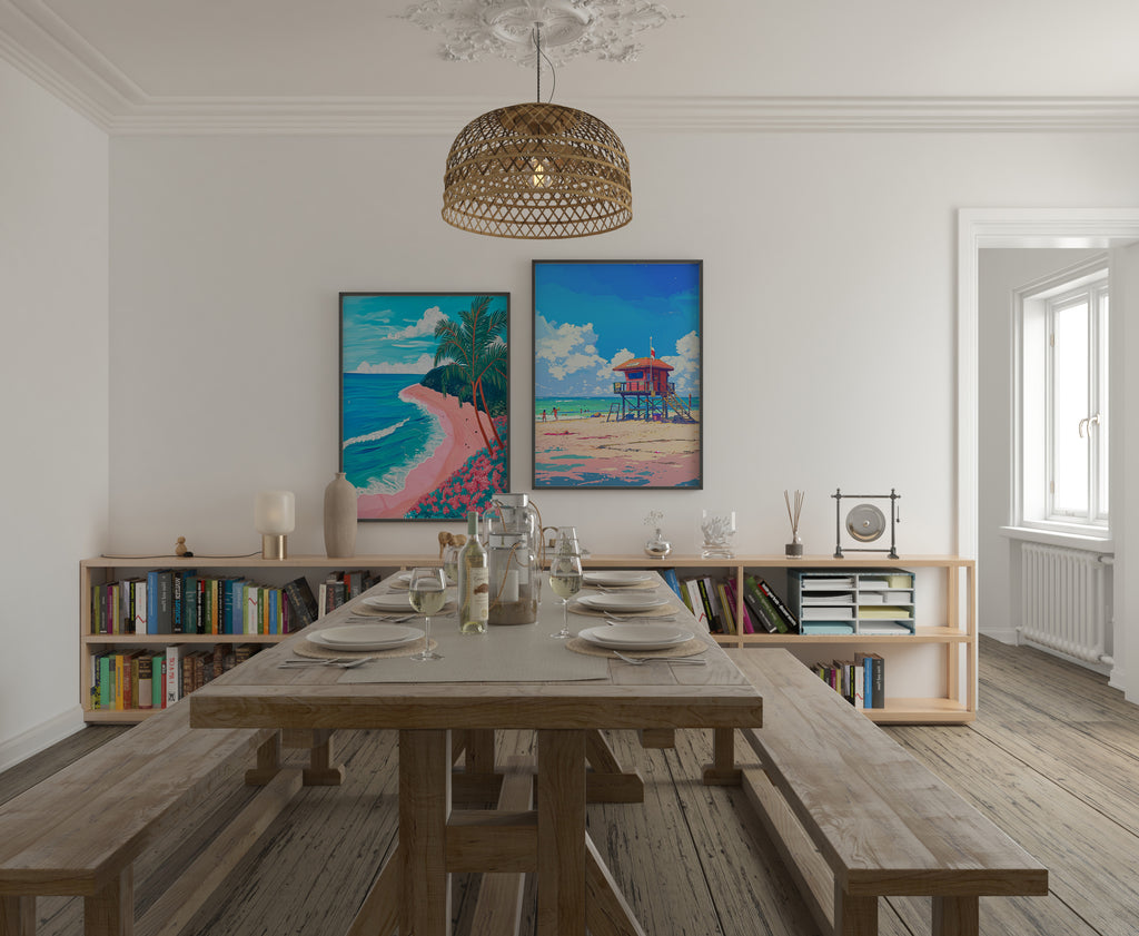 Colourful Prints | Beach Prints Set | Palm Tree & Lifeguard Tower Coastal Art (Set of 2) wall art print, modern home decor, unframed artwork by Nomad & Nest