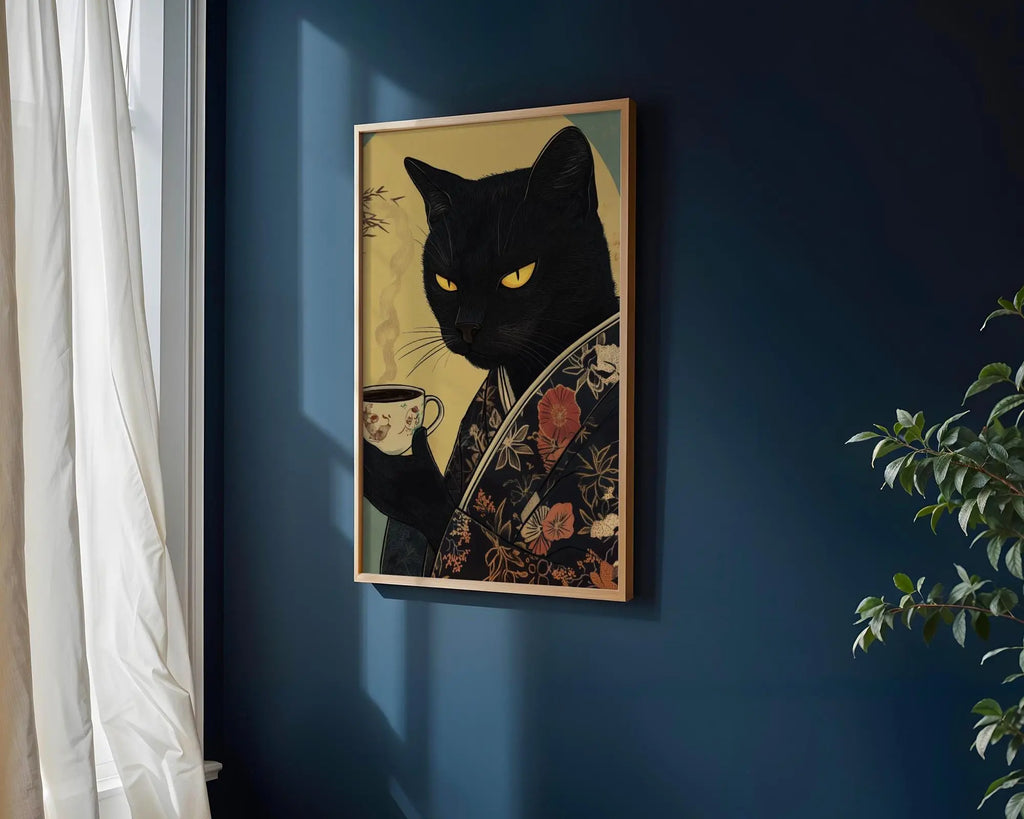 Japanese Poster | Kimono Black Cat Print – Coffee Lover Wall Art wall art print, modern home decor, unframed artwork by Nomad & Nest