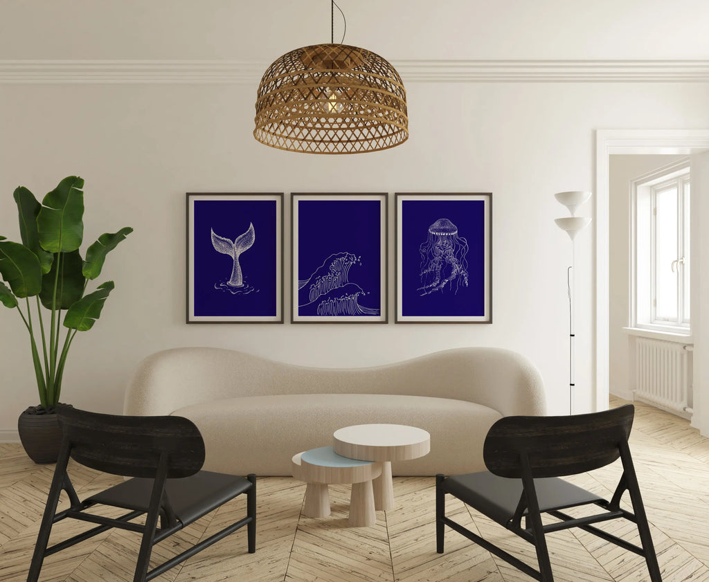 Colourful Prints | Navy Coastal Line Art Print Set | Jellyfish, Whale Tail, Wave (Set of 3) wall art print, modern home decor, unframed artwork by Nomad & Nest