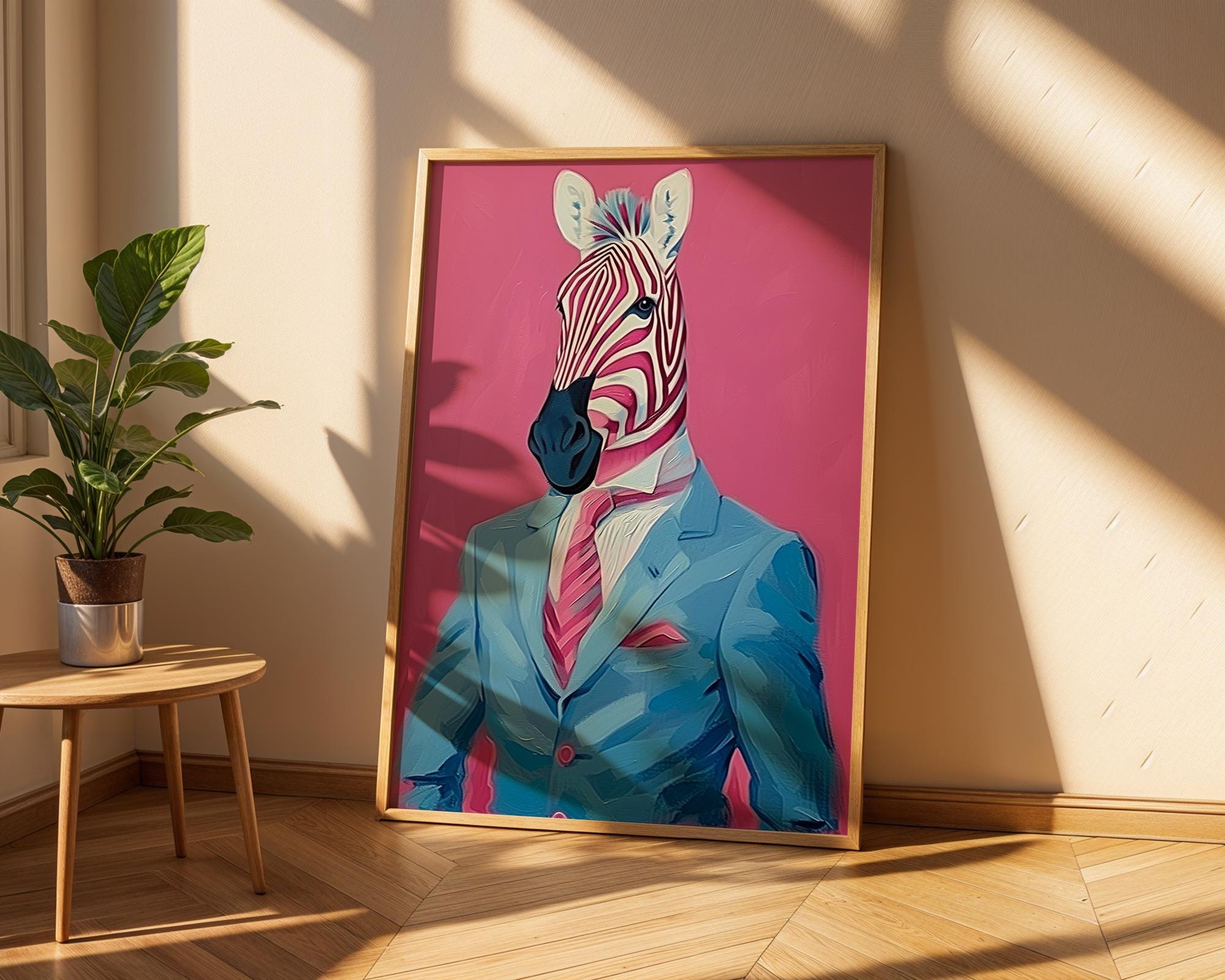 Colourful Prints | Zebra in Suit Art Print | Quirky Animal Portrait, Pink Jungle wall art print, modern home decor, unframed artwork by Nomad & Nest