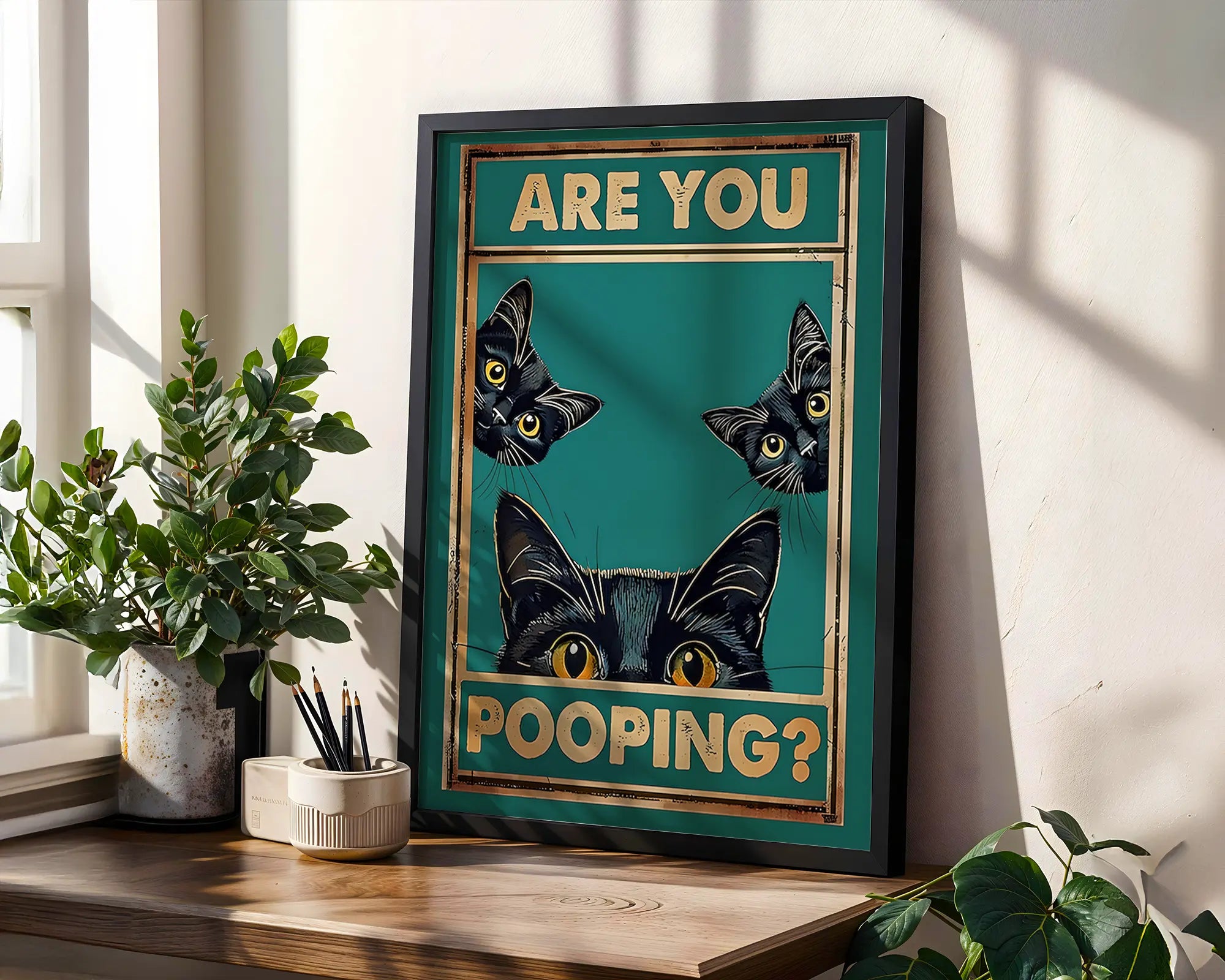 Positive Emotion | Are You Pooping Cat Wall Art | Funny Bathroom Poster | Viral Pet Humor Print wall art print, modern home decor, unframed artwork by Nomad & Nest