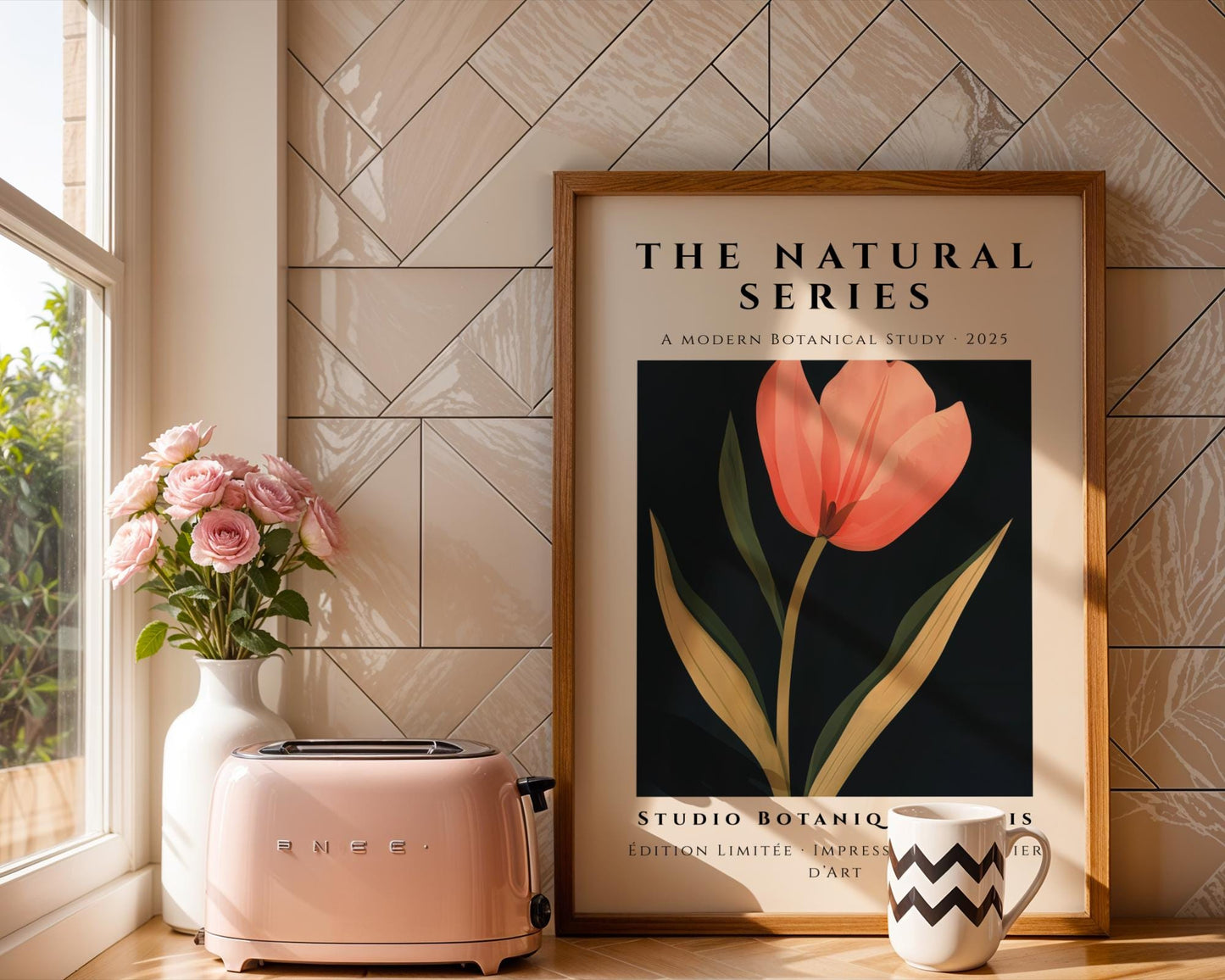 Coral Tulip Art Print • Bold Modern Floral on Black wall art print, modern home decor, unframed artwork by Nomad & Nest